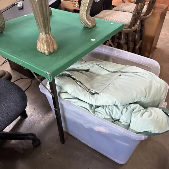 plastic bin and contents plus card table