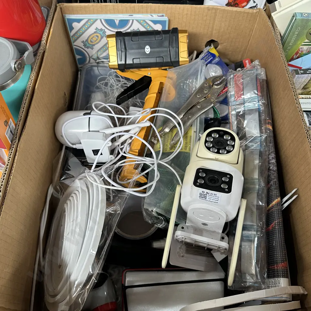 Box of assorted items including tools, hardware, craft, plus security cameras etc. Image 1++