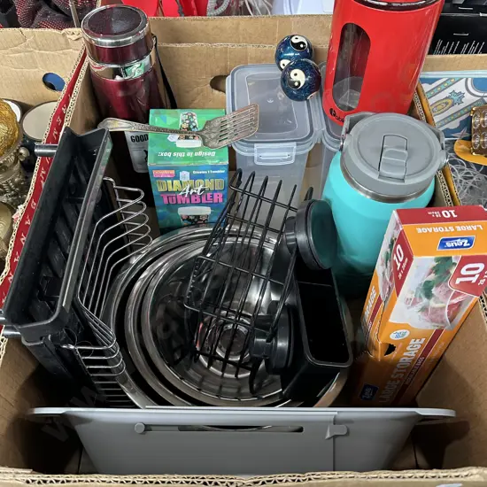 Box lot of new items and s/s mixing bowls etc.