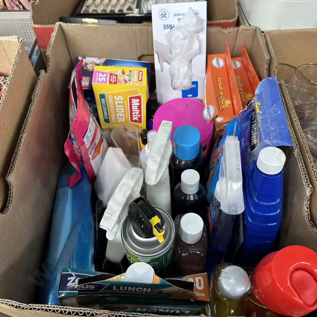 Box of cleaning products and resealable bags etc. Image 1++