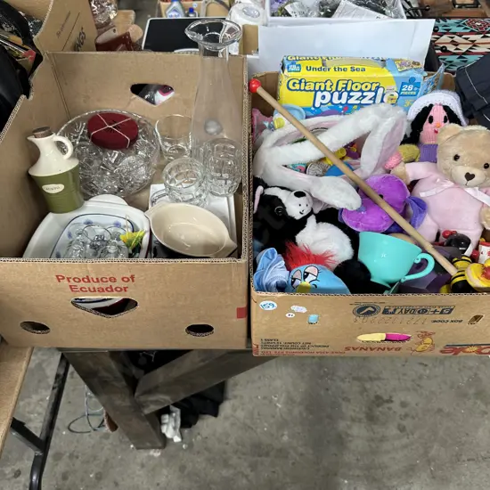Two boxes of soft toys, glass and bakeware etc.