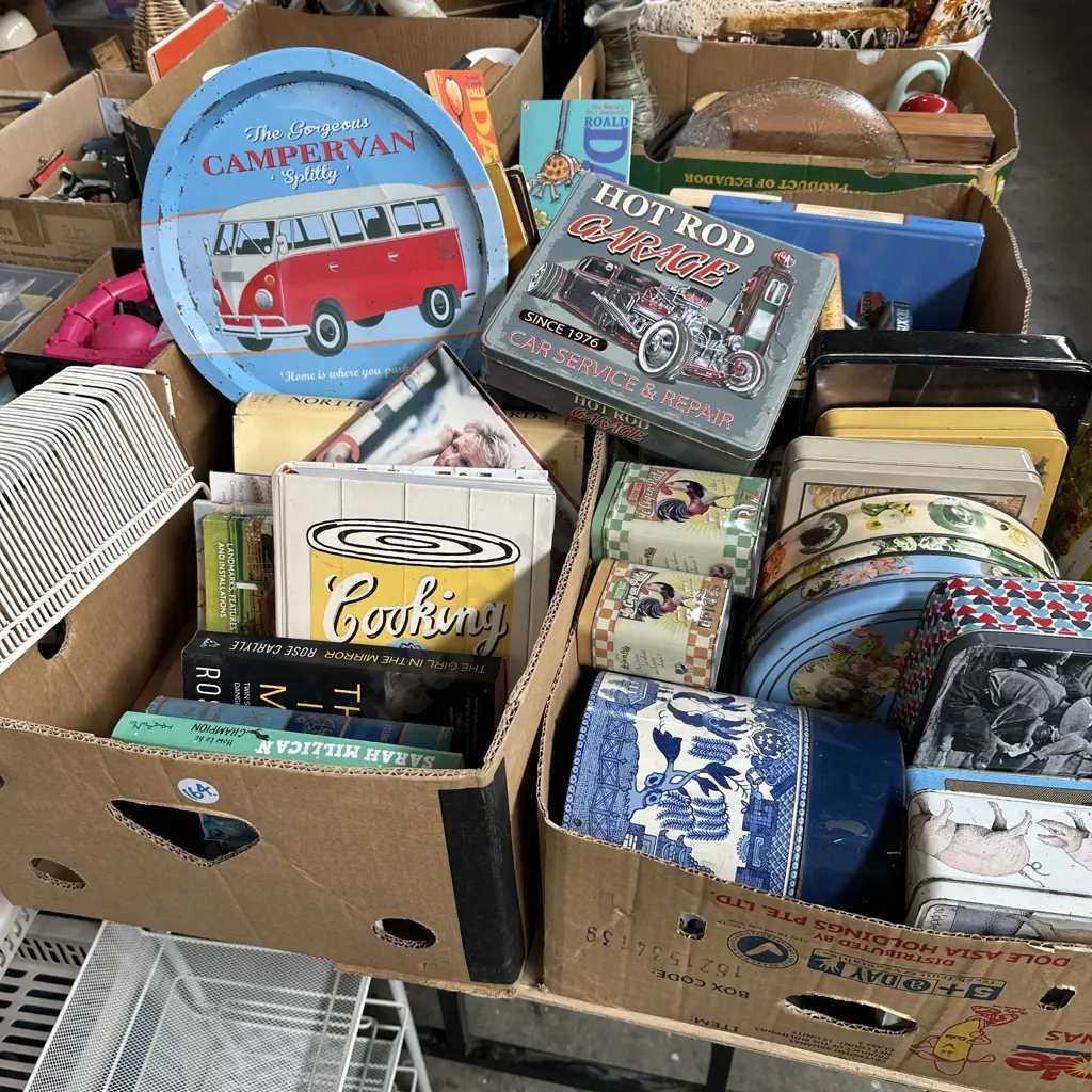 Two boxes vintage tins, bar tray, books and record stand. Image 1++