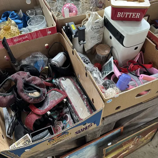 Two boxes of car accessories and assorted items.