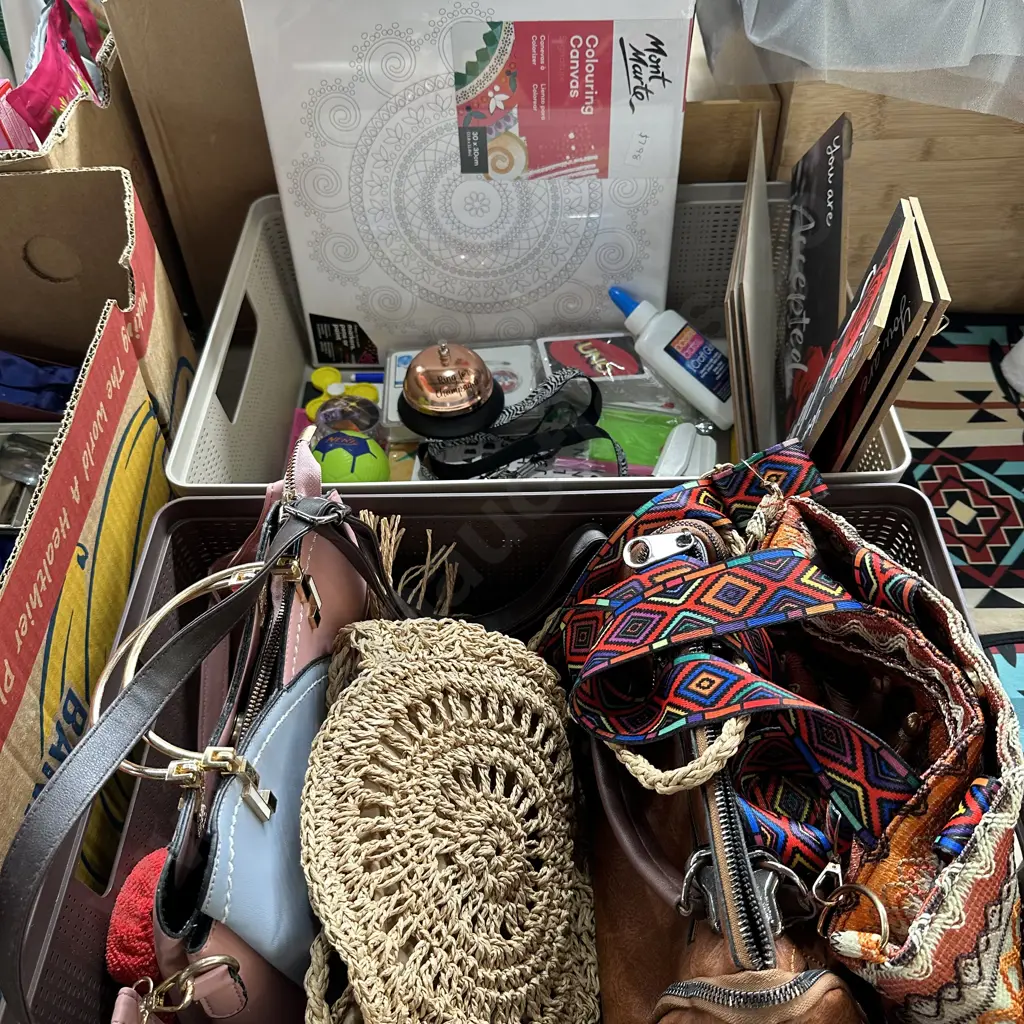 Two lidded containers including bags, cards, craft, service bell etc. Image 1++