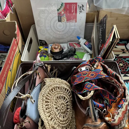 Two lidded containers including bags, cards, craft, service bell etc.