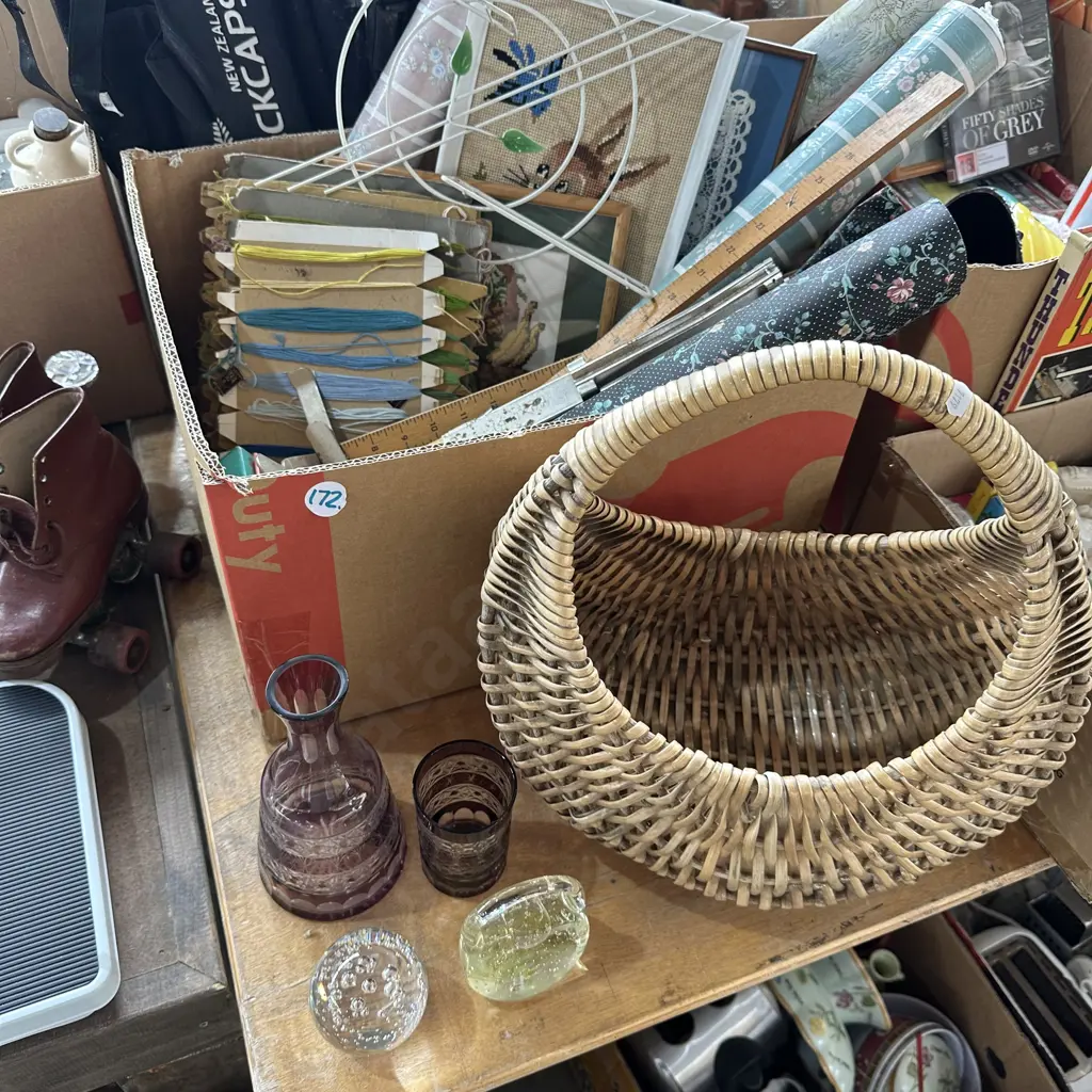 Box of wallpaper, vintage shelf, basket and art glass etc. Image 1++