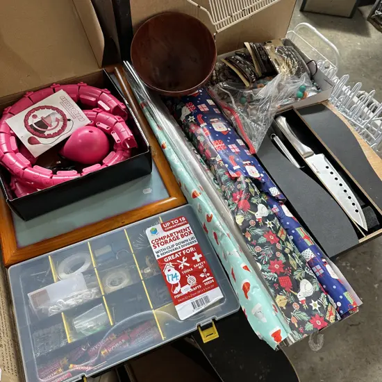 Large lot costume jewellery, knives, wrapping paper, storage box and contents etc.
