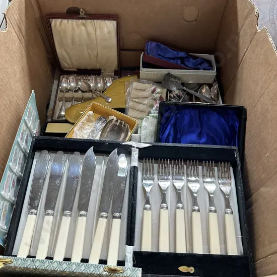 Box of spoon, knife and fork sets etc.