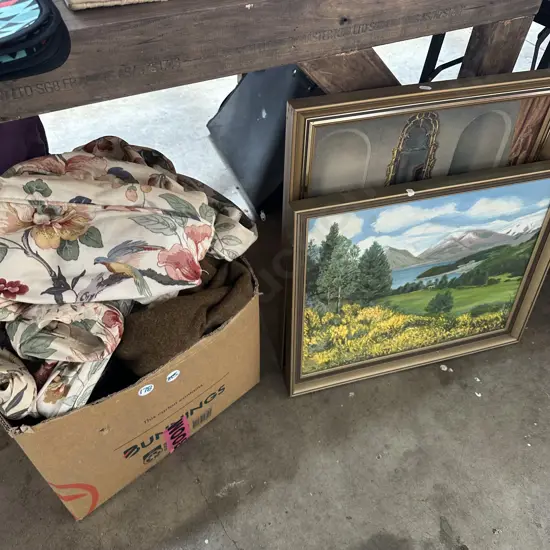 Blanket, couch seat covers, round mirrors and two pictures etc.