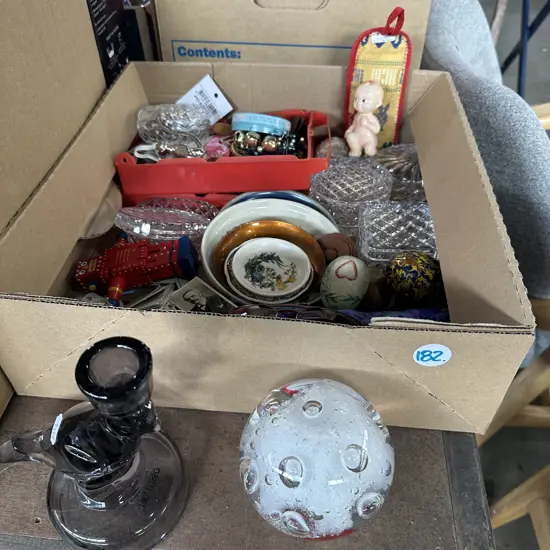 Box lot of collectables including art glass.