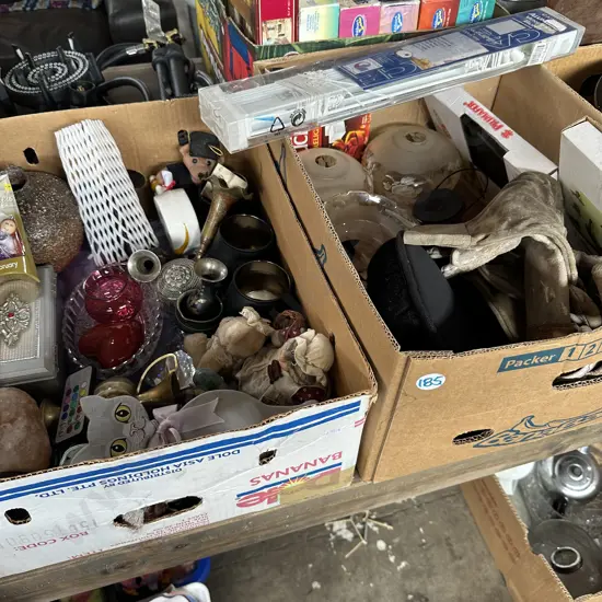 Two boxes, pair of Granite shelves, new aluminium venetian blind and collectables.