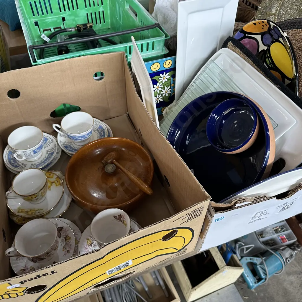 Two boxes with English tea sets, servers, nut cracking bowls etc. Image 1++