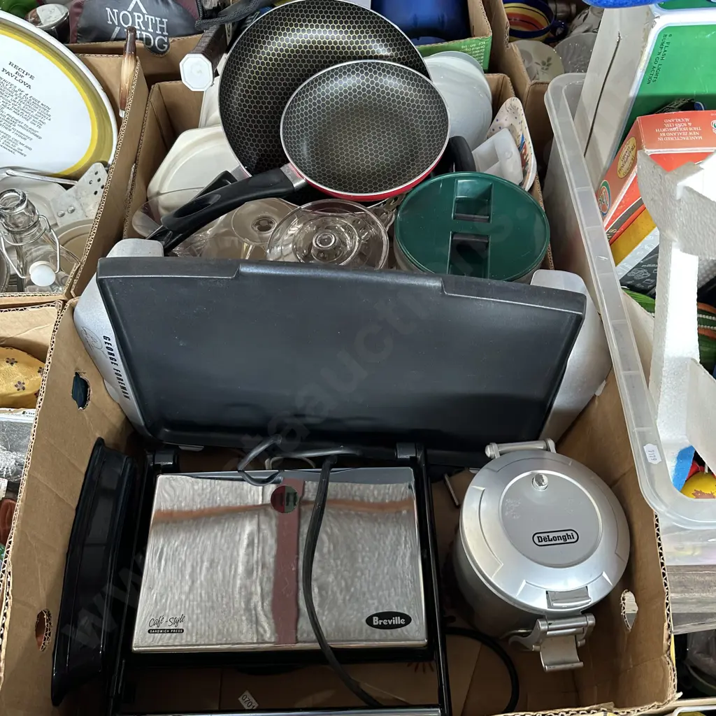 Two boxes with sandwich press and good non-stick frying pans etc. Image 1++
