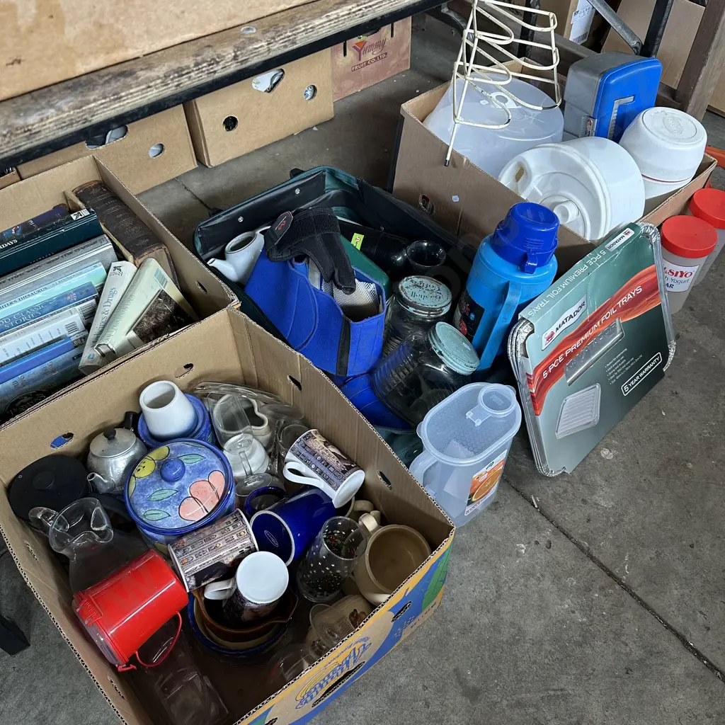 Large bay lot of books, kitchenware, yoghurt maker, new foil trays and saws etc. Image 1++