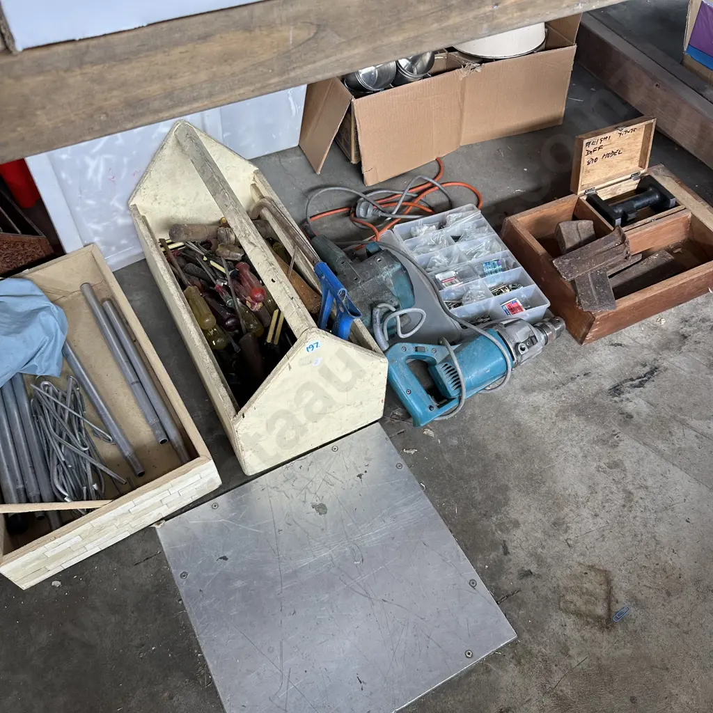 Large lot of Tools and toolboxes, log splitters, tent poles and pegs. Image 1++