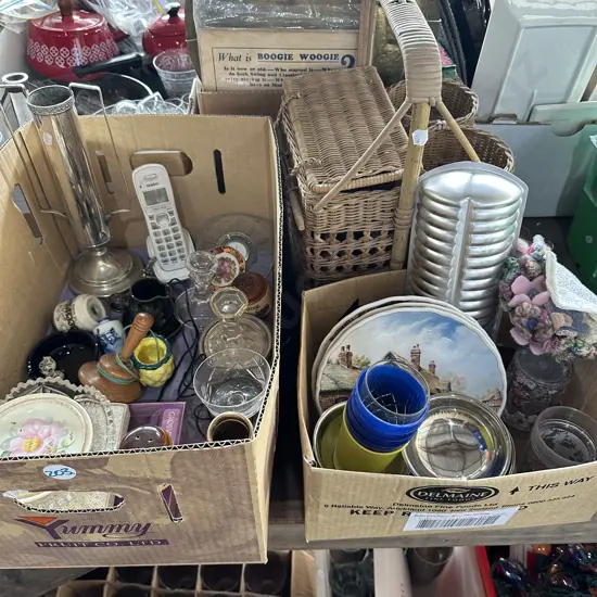 Two boxes, silver vase, picnic basket, collectables etc.