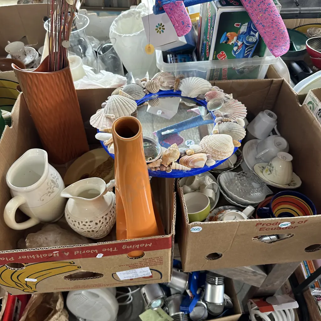 Two boxes of china and vases etc plus shell mirror. Image 1++