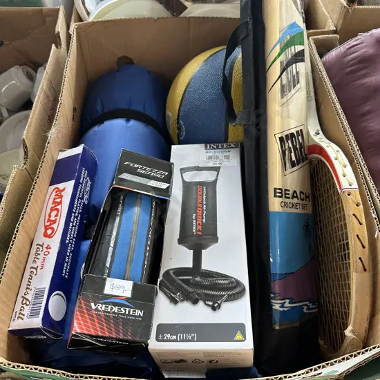 Box lot including Cricket set, ball, and new bike tyre etc.