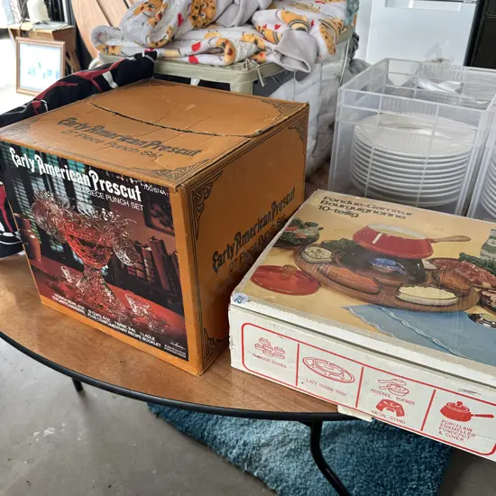Boxed Punch set and Fondue set.