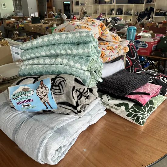 Large lot of bedding, onesie blanket hoodies, towels, and cushions.