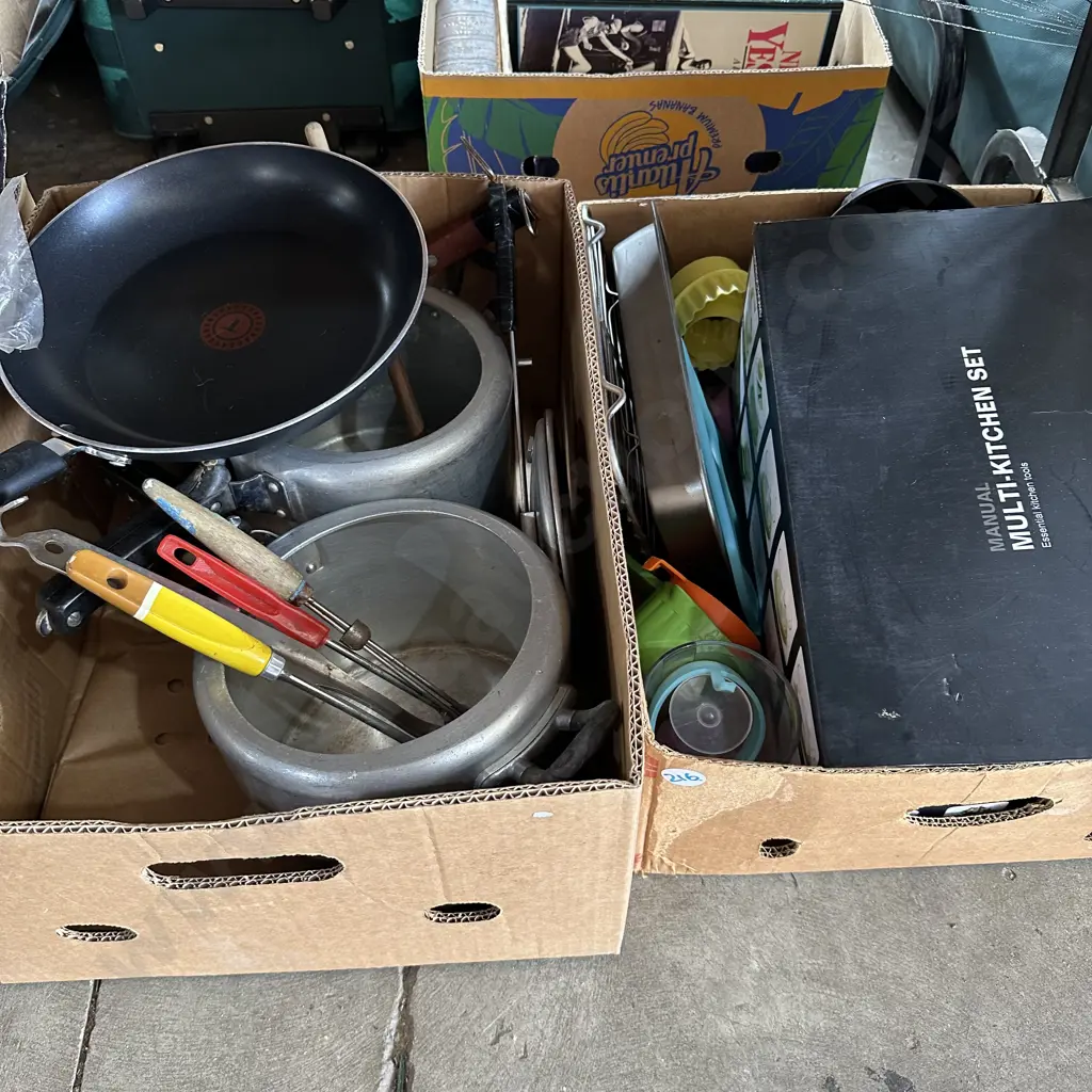 Two boxes pots, baking, utensils and good non-stick fry pan etc. Image 1++