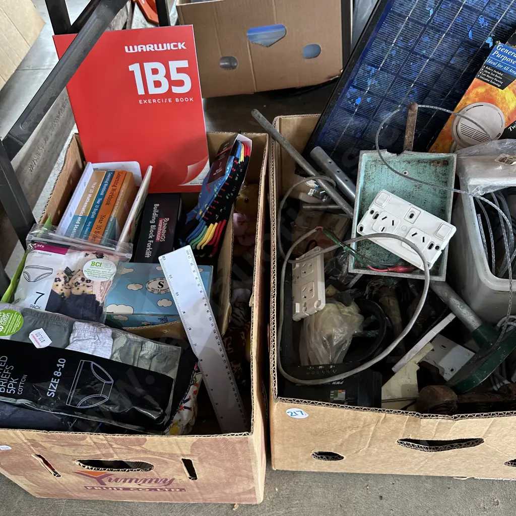 Two boxes school supplies, kids new briefs and socks plus solar panel and hardware etc. Image 1++