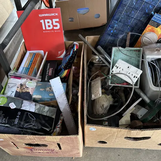 Two boxes school supplies, kids new briefs and socks plus solar panel and hardware etc.