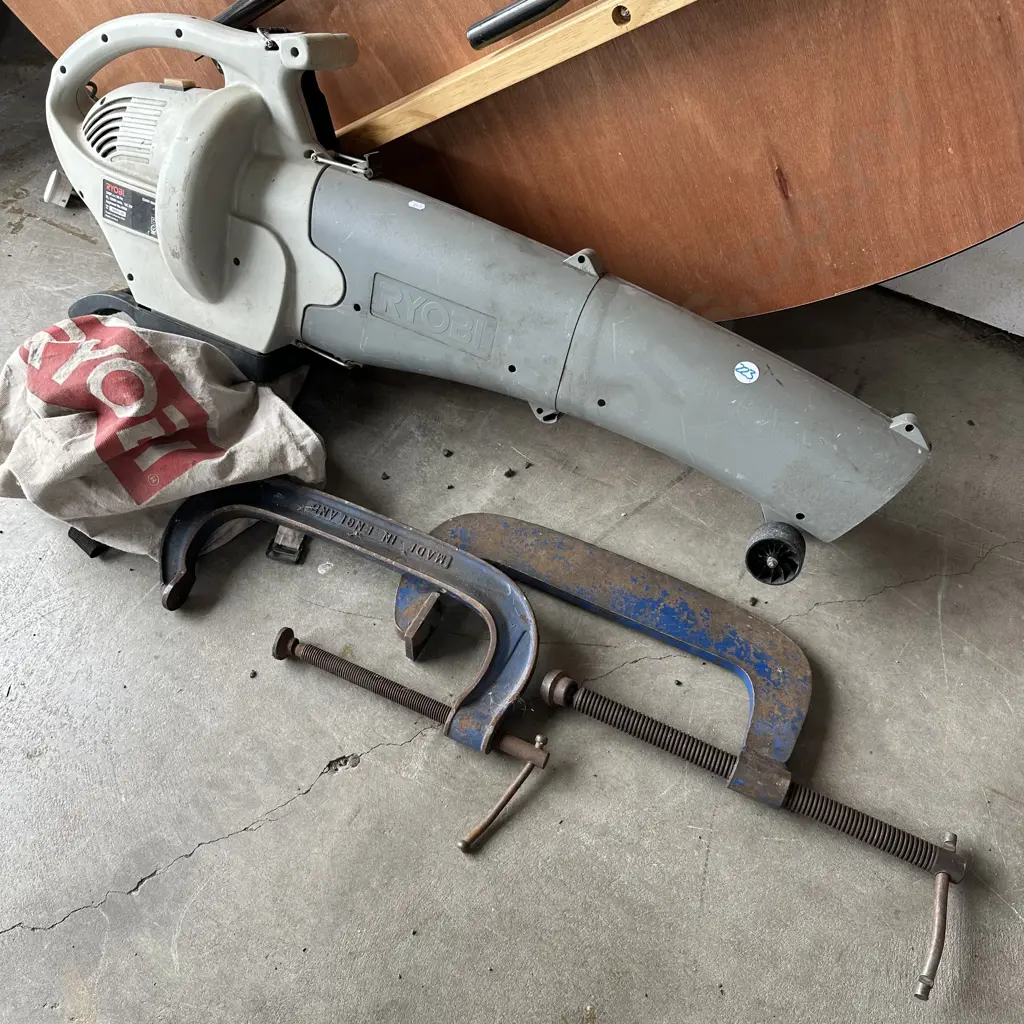 Two large G-Clamps and Ryobi blower/vac as is. Image 1++