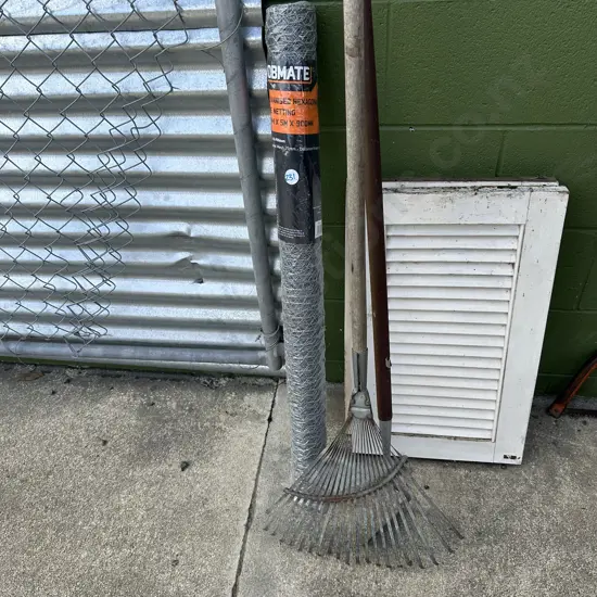 Leaf rake, hoe, new galvanised netting etc.