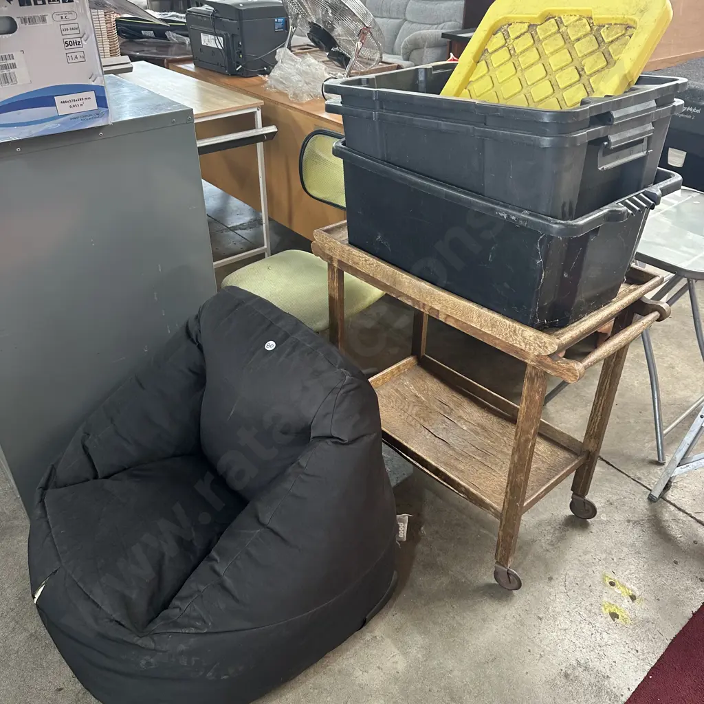 as is bean bag chair & tea trolley and bins, office chair Image 1++