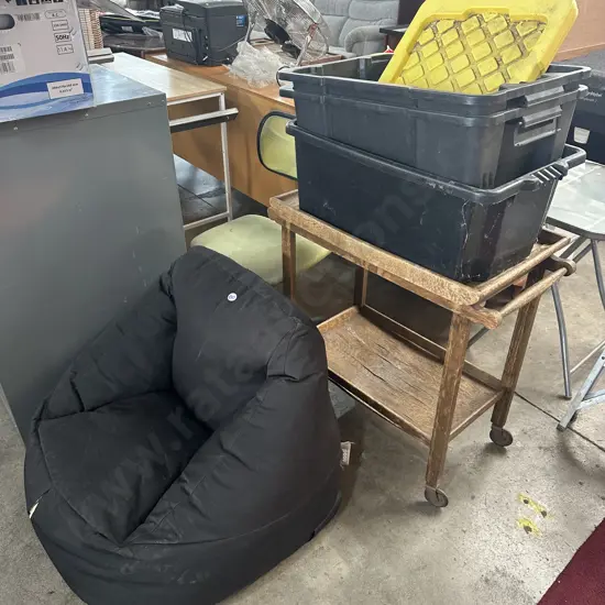 as is bean bag chair & tea trolley and bins, office chair