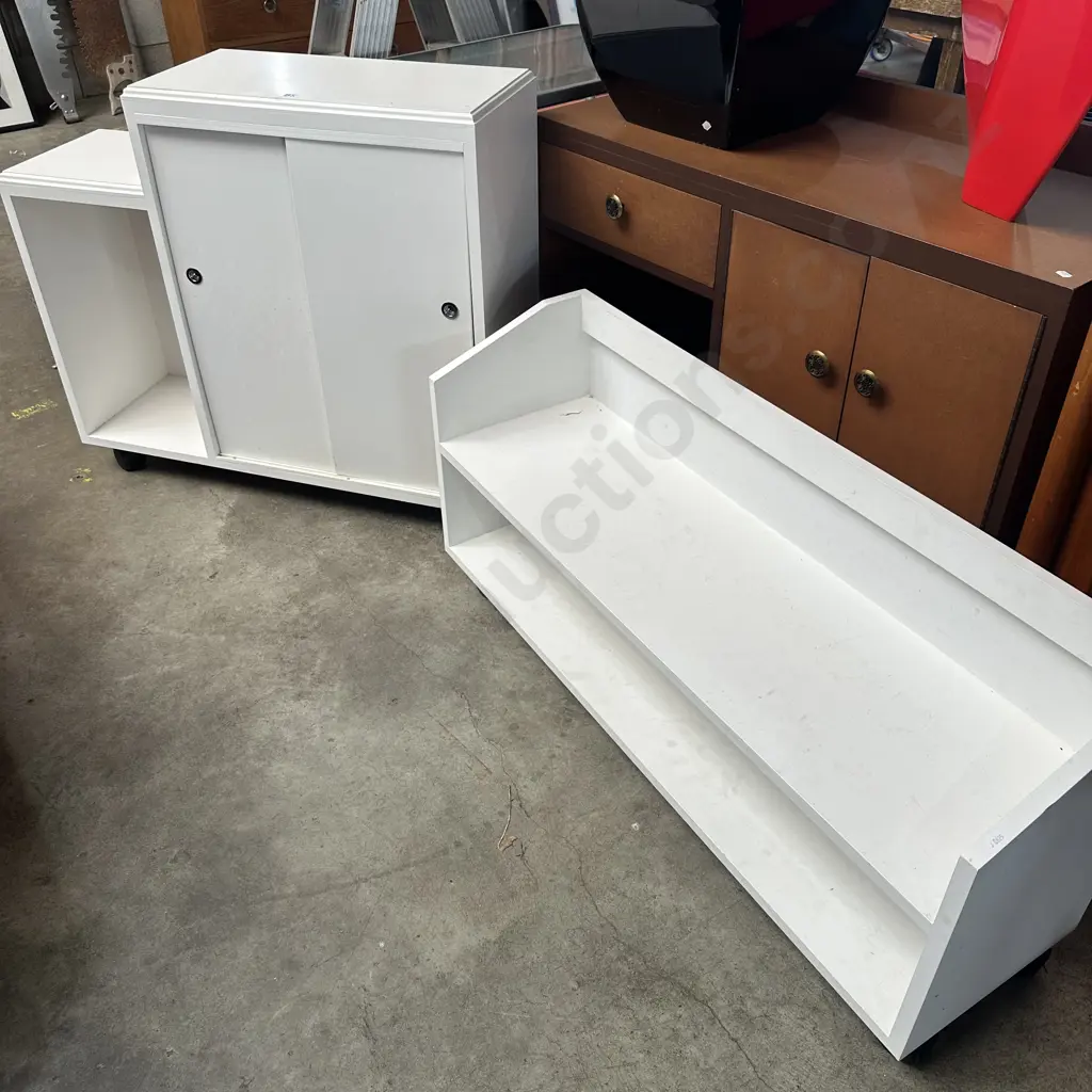 2 rolling white furniture items plus cabinet Image 1++