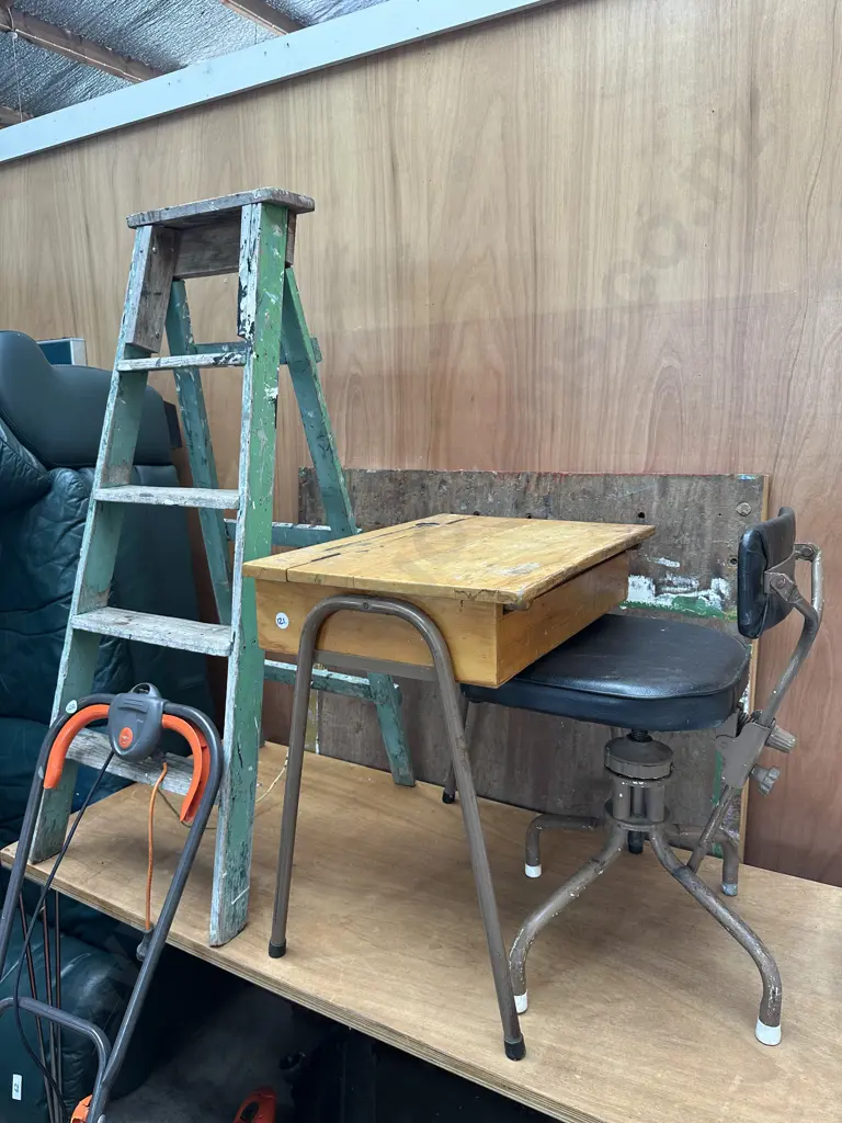 Wooden ladder, school desk and antique chair. Image 1++
