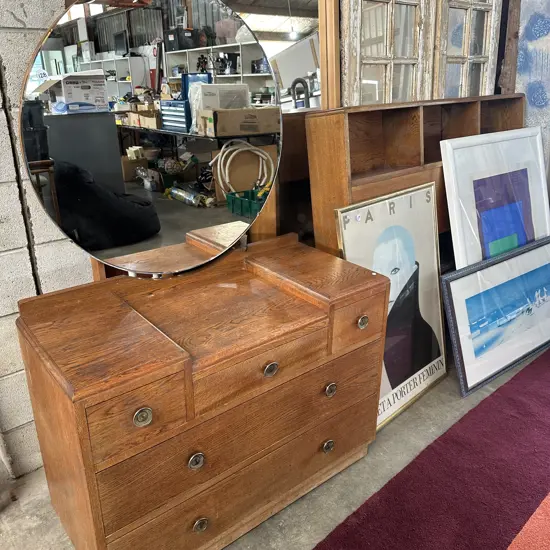 Solid Oak dresser and headboard.