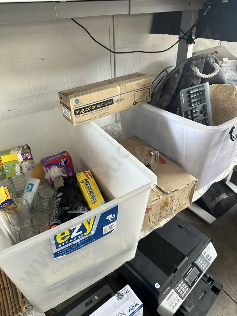 Two bins of cutlery, black rubbish bags, glasses, beer handles etc. Image 1++