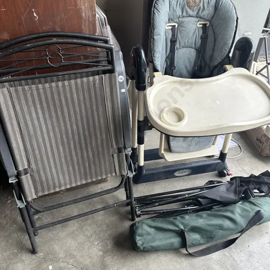 Four folding chairs and a high chair.