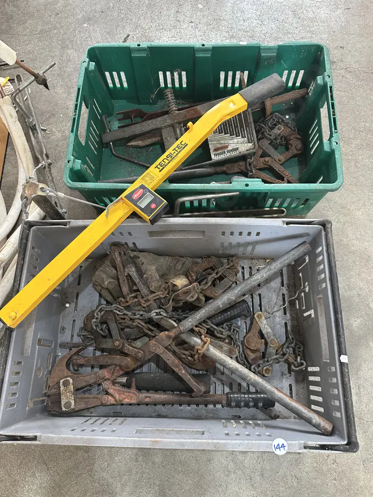 Two vege bins of fencing tools, bolt cutters etc. Image 1++