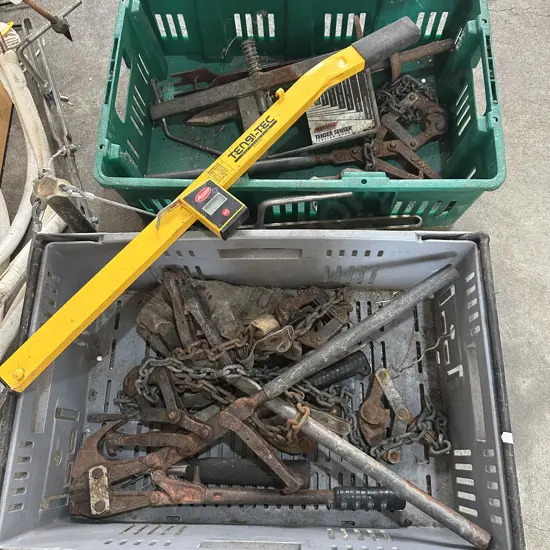 Two vege bins of fencing tools, bolt cutters etc.