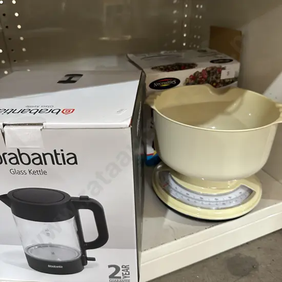 new unused glass kettle plus kitchen scales