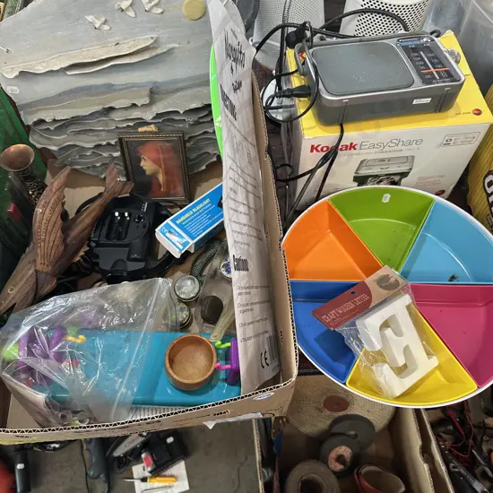 Box of Art, Radio, Photo printer and melamineware nibbles etc.