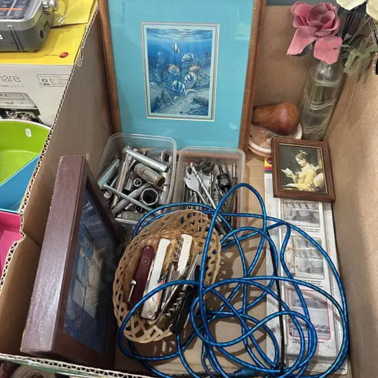 Box lot including sockets, drill bits and pocket knives etc.