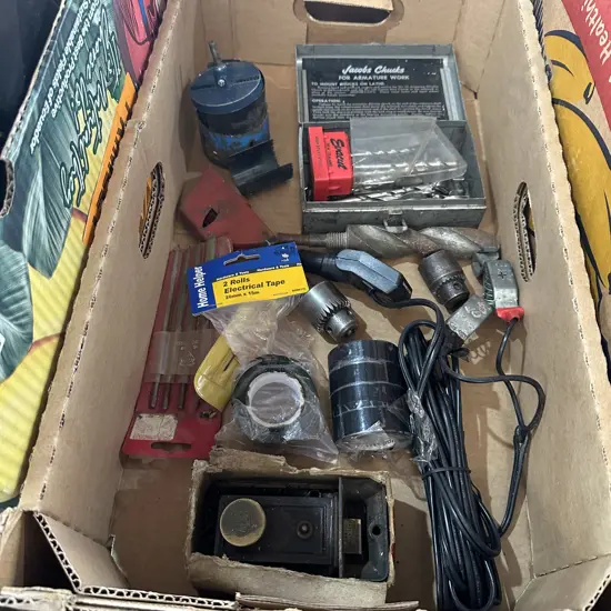 Box of tools and hardware.