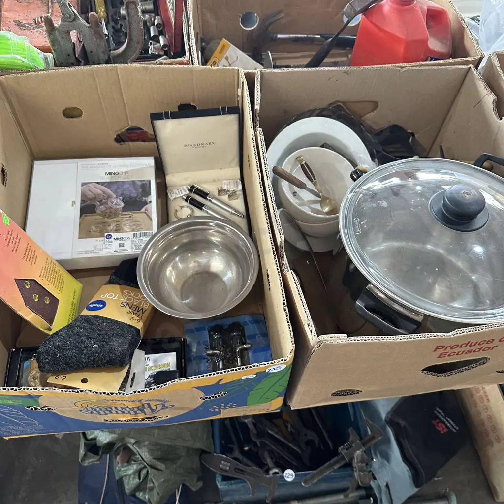 Two boxes Stock pot, cutlery, new socks and sanding pads etc. Image 1++