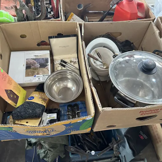 Two boxes Stock pot, cutlery, new socks and sanding pads etc.
