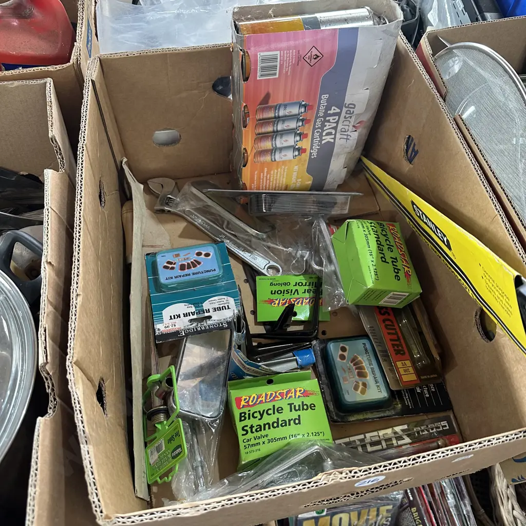 Box lot including Butane cartridges and new tool products etc. Image 1++