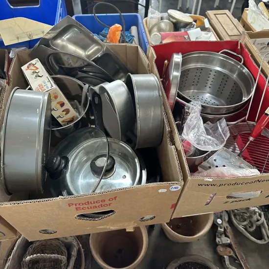 Two boxes Pots, baking, steamer, cutlery etc.