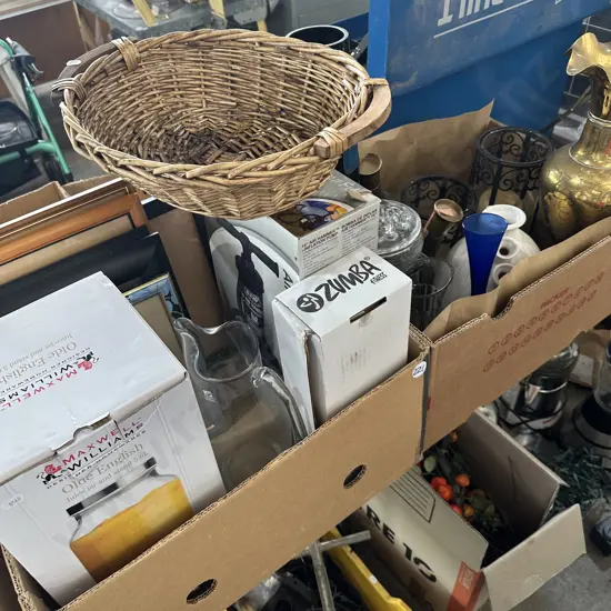 Two boxes vases including large brass, new juice jar and stand, basket etc.