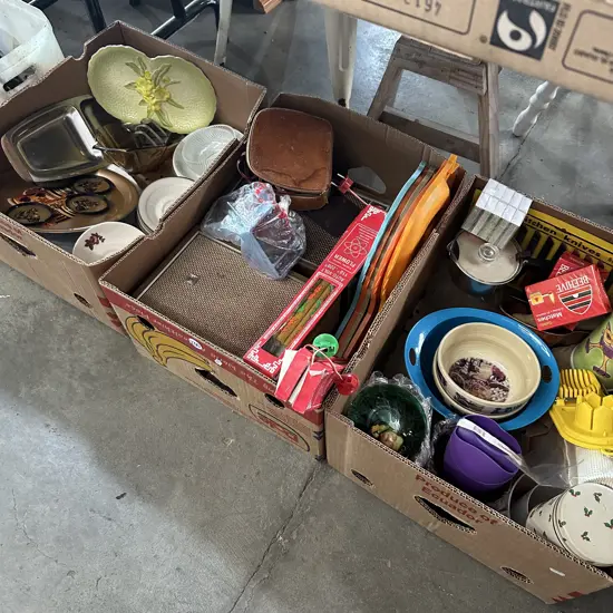 Three boxes cartonware, vintage speakers, kitchenware etc.
