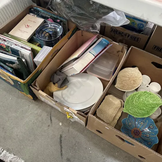 Three boxes English plates, books, bottles etc.