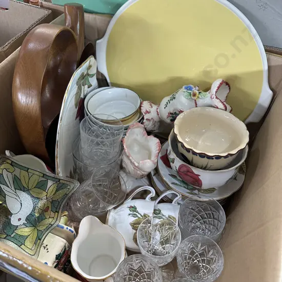 Box of English Rose china, crystal glasses etc.